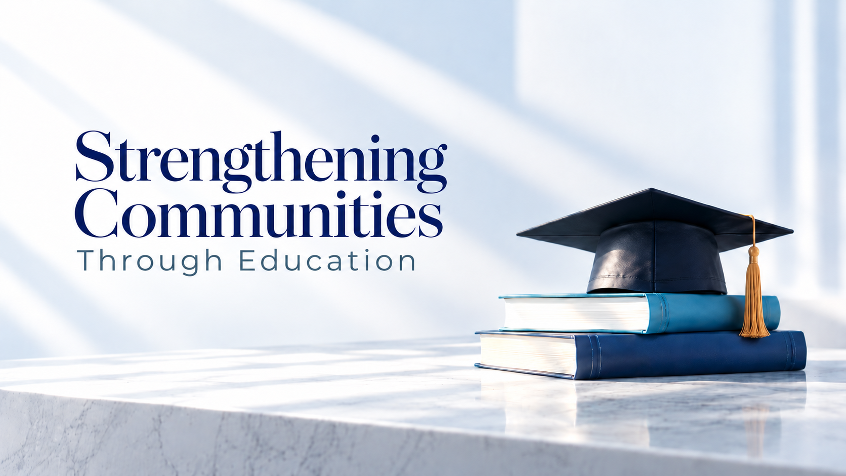 Graduation cap on stacked books representing education, scholarships and community development initiatives associated with Leema Rose Martin.