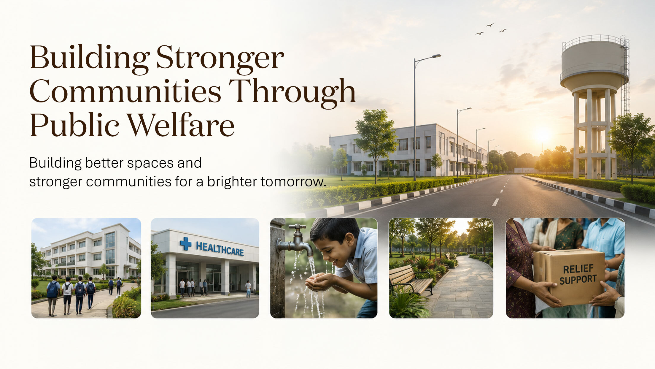 Martin Group public welfare banner highlighting education infrastructure, healthcare support, clean water access, public spaces and relief initiatives for stronger communities