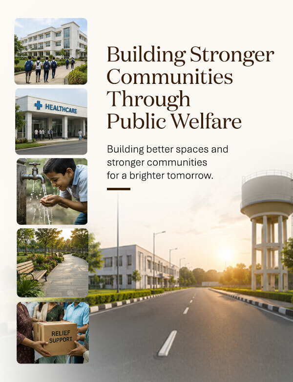 Martin Group public welfare banner highlighting education infrastructure, healthcare support, clean water access, public spaces and relief initiatives for stronger communities